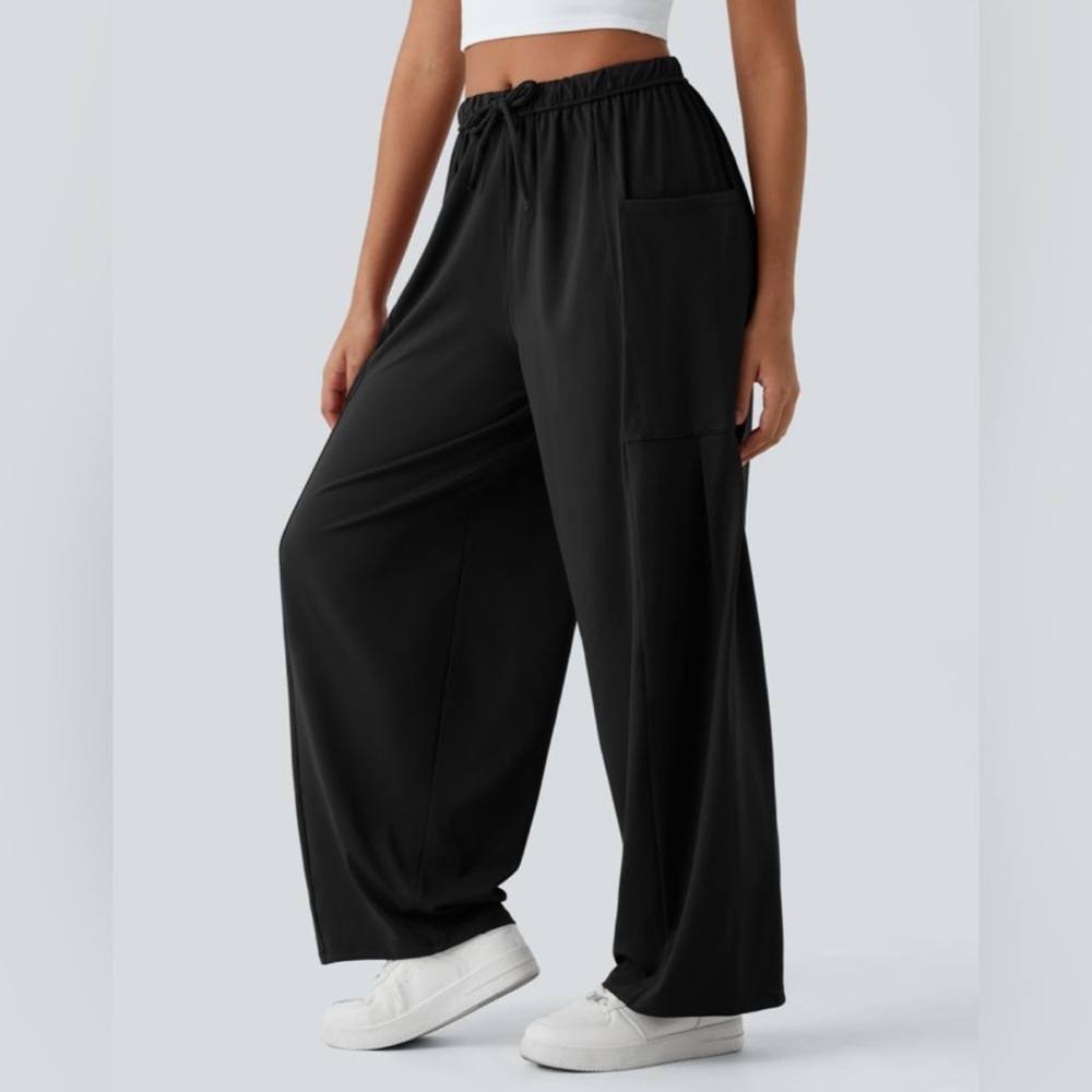 Halara Elastic Waistband Drawstring Pockets Palazzo Barrel Wide Leg Pant Black L